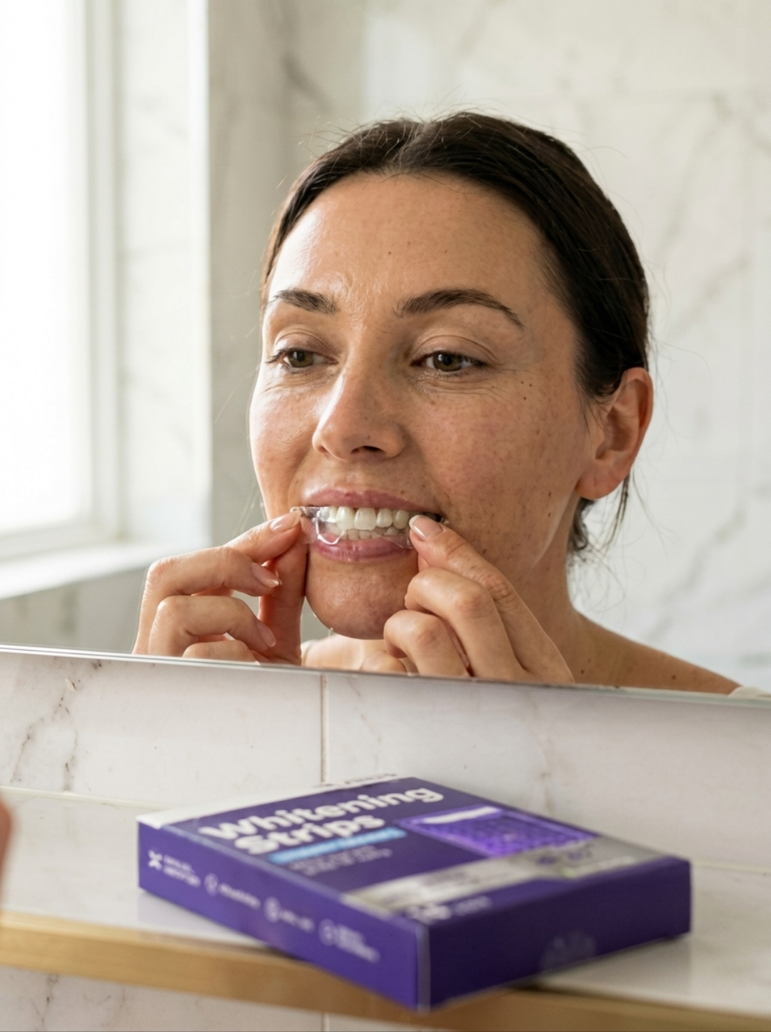 Woman applying 3DWhiteningStrips teeth whitening strips