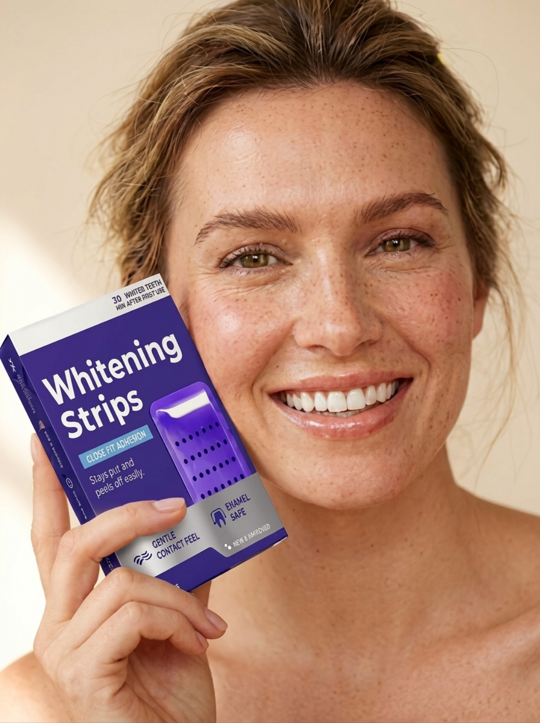 Woman holding the best teeth whitening strips kit from 3DWhiteningStrips