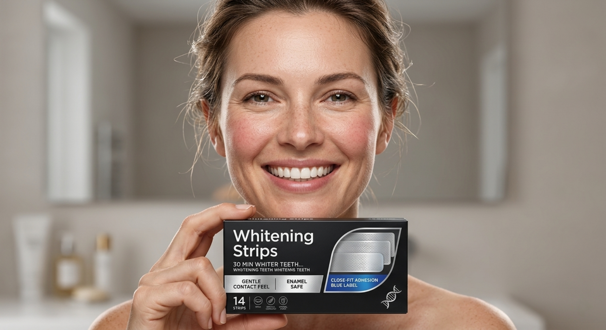Woman using the best whitening strips kit from 3DWhiteningStrips
